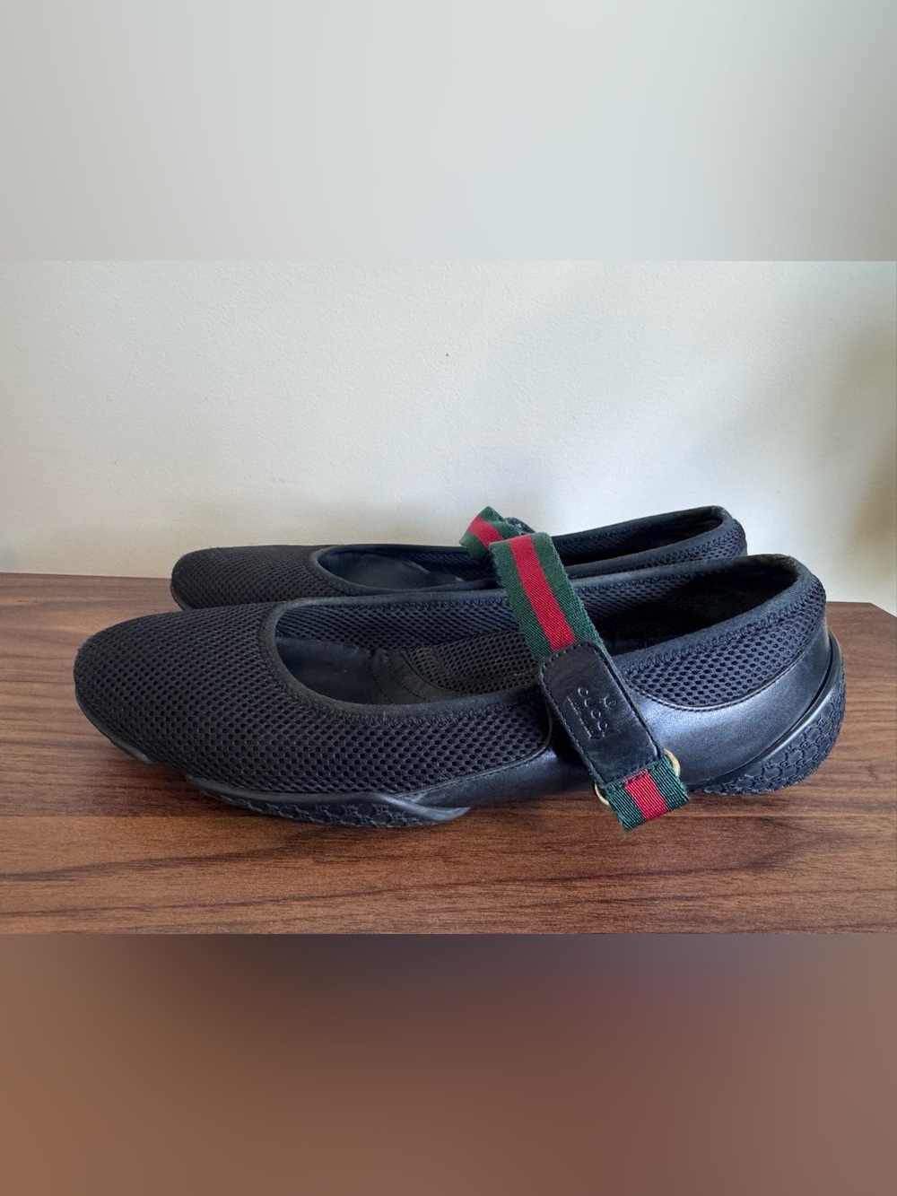 Gucci Vintage Black Mesh Guccissima Web Stripe Mary Jane Ballet Flats Size 8